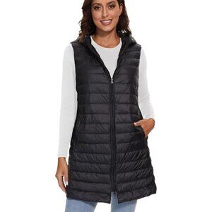 Women's Winter Long Down Puffer Vest with Hood Sleeveless Jacket, Black